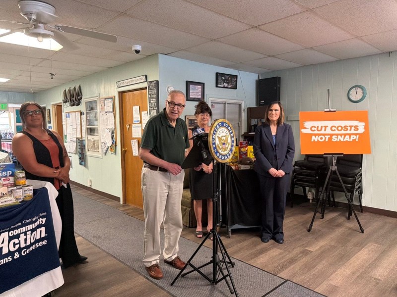 Chuck Schumer speaks at a small press conference warning of new SNAP costs