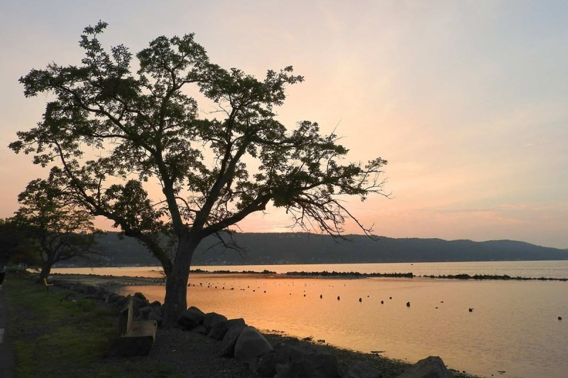 A sunset shot from Piermont Pier shows a tall tree and line of rocks along the glowing Hudson River, one of many beautiful sights in Rockland County